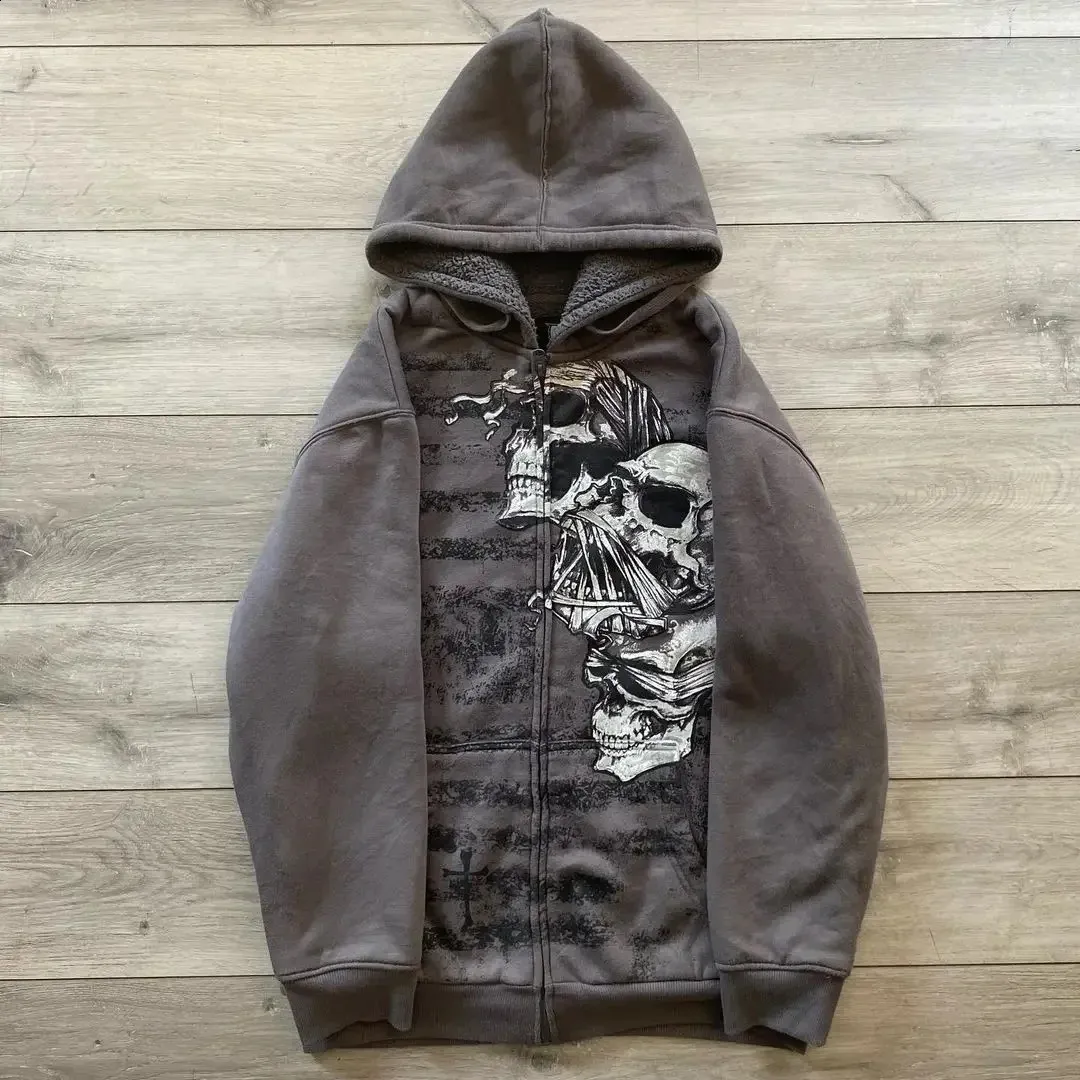 Gothic Skull Print Zipper Hoodie - Streetwear Retro Harajuku
