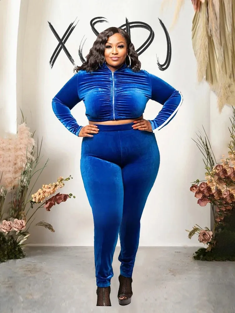 Plus Size Two Piece Sets Velvet Winter Outfit Casual Top And Pants