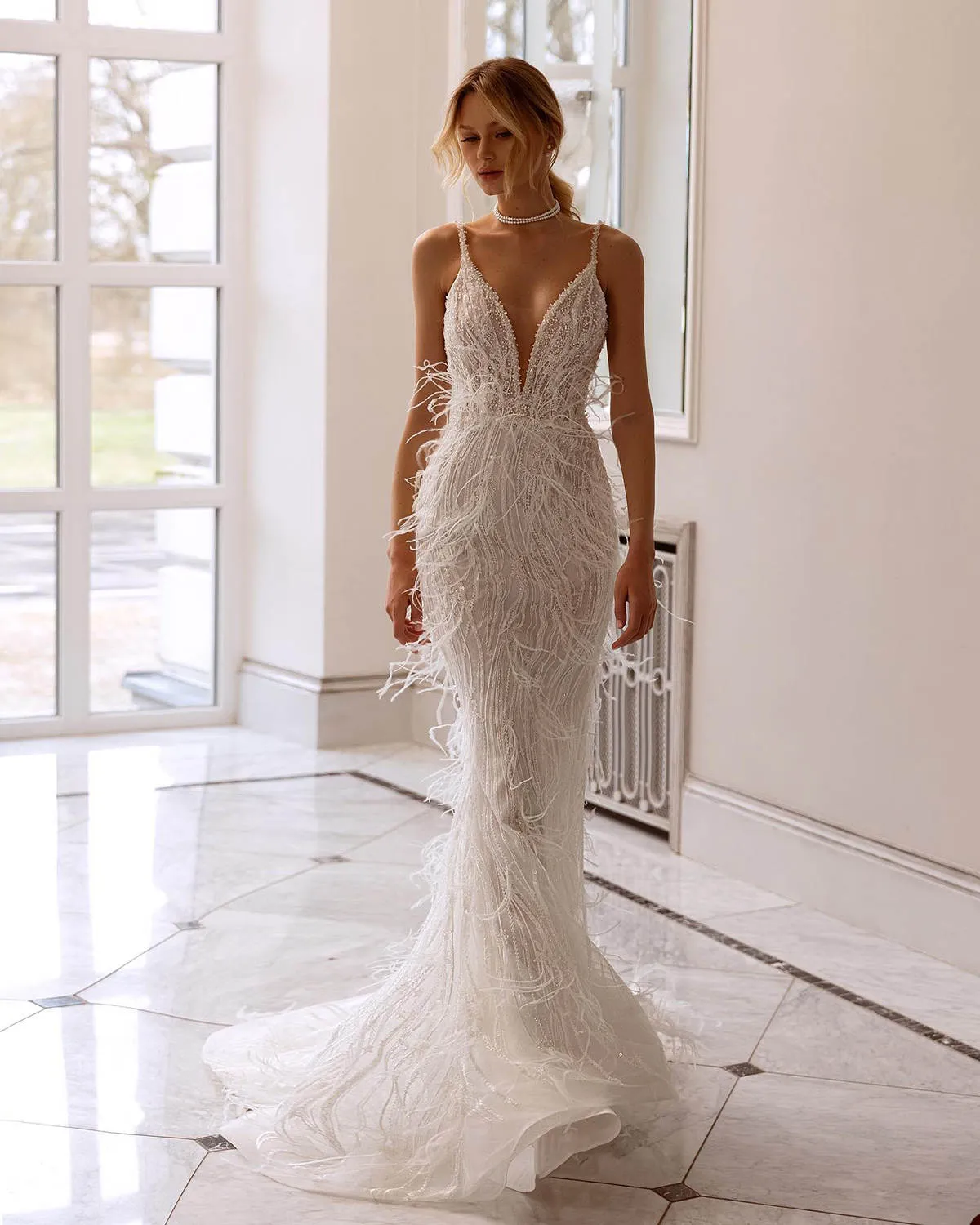 Custom-made extravagant mermaid wedding dresses with Feather, Pearls, Sequins, V-Neckline, Beading, Lace, and Sweep Train Custom-made extravagant mermaid wedding dresses with Feather, Pearls, Sequins, V-Neckline, Beading, Lace, and Sweep Train