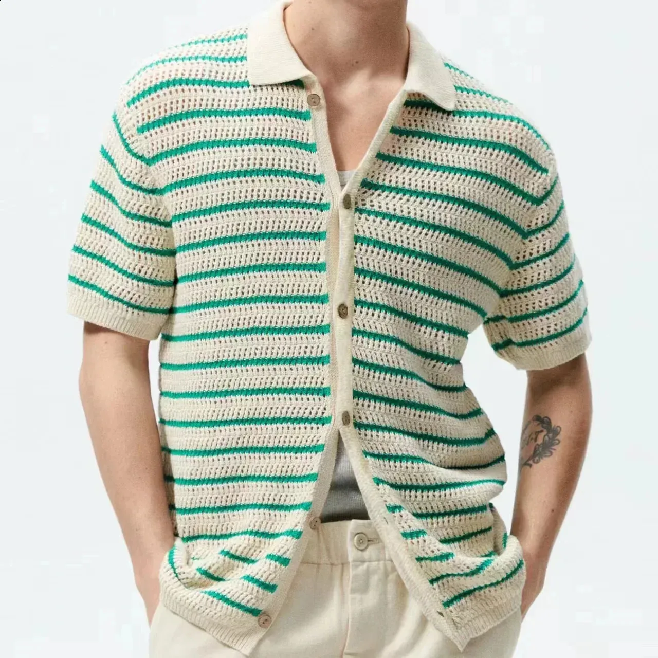 Retro Striped Short Sleeve Knit Cardigan Mens Casual Sweater