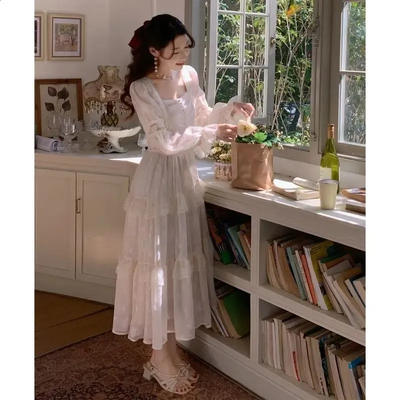 korean chiffon dress midi V Neck Floral Chiffon Long Dress / Long Sleeve Spring Summer Midi Dress / Korean Style Feminin Midi Dress