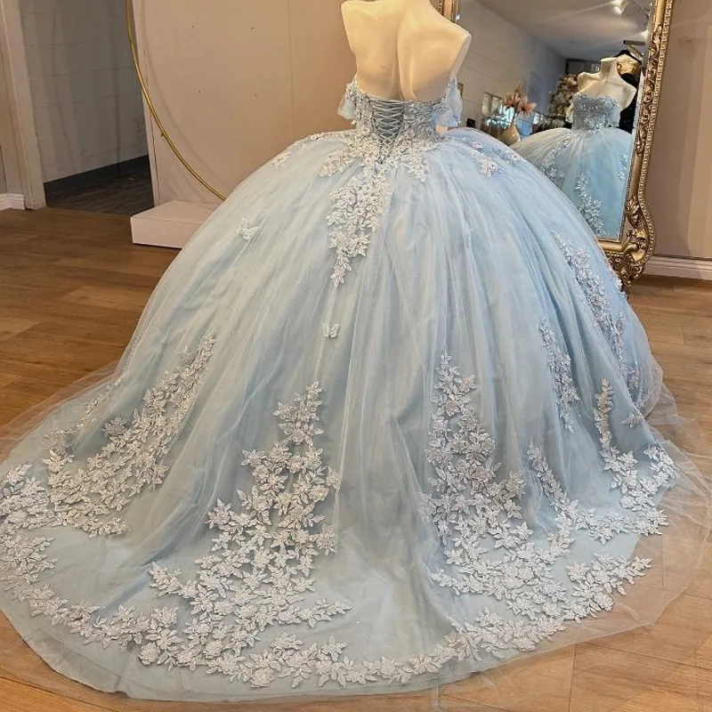 Off Shoulder Sleeveless Gold Appliques Beaded Sky Blue Quinceanera Dress WQ1464