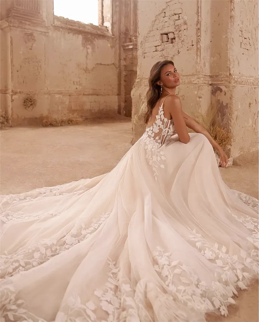 Plus Size Spaghetti Strap Backless Tulle Wedding Dress with Applique and  Chapel Train for Bride from Dhgate A-Line Wedding Dresses