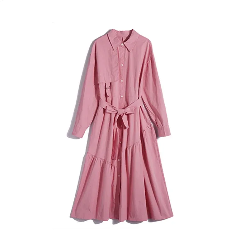 Chic Pink Long-Sleeved Dress for Women - Korean Style, Single-Breasted Solid Color, Perfect for Spring Casual Wear
