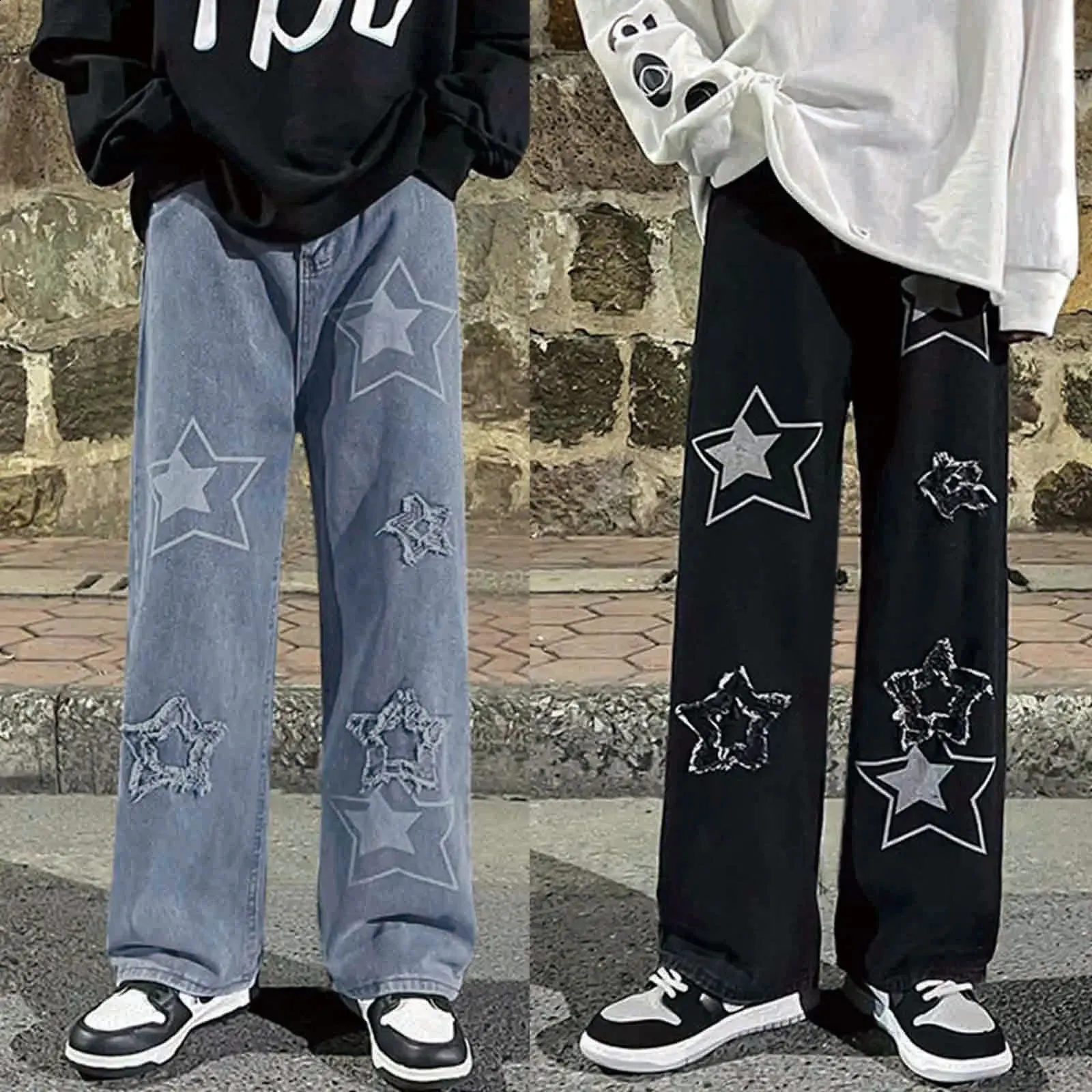 Star Mens Baggy Denim Pants With Ripped Star Embroidery – Wide Leg