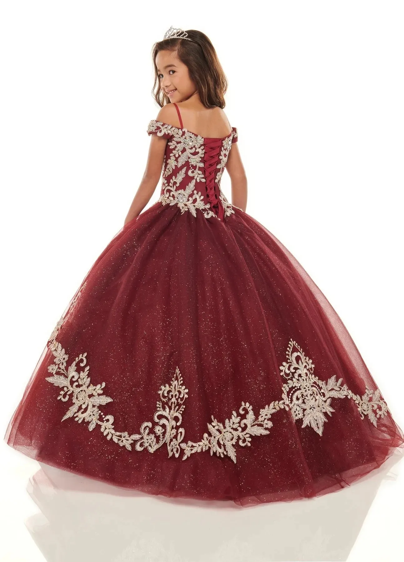 Burgundy Off-Shoulder Quinceanera ball gown with Appliques and Sparkling Details - Perfect for Weddings, Pageants, and Baby Showers