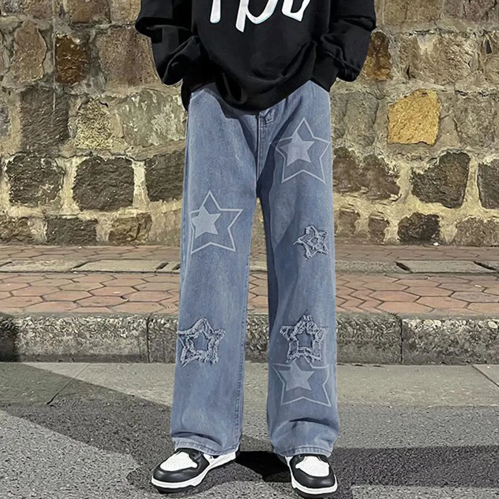 Star Mens Baggy Denim Pants With Ripped Star From Leemostore