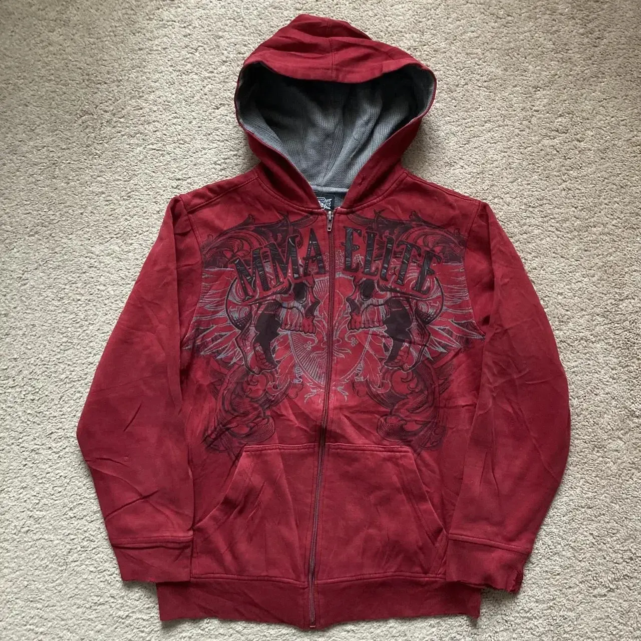 Y2K MMA Elite Zip Hoodie Retro Skull Wing Graphic, US Size Small