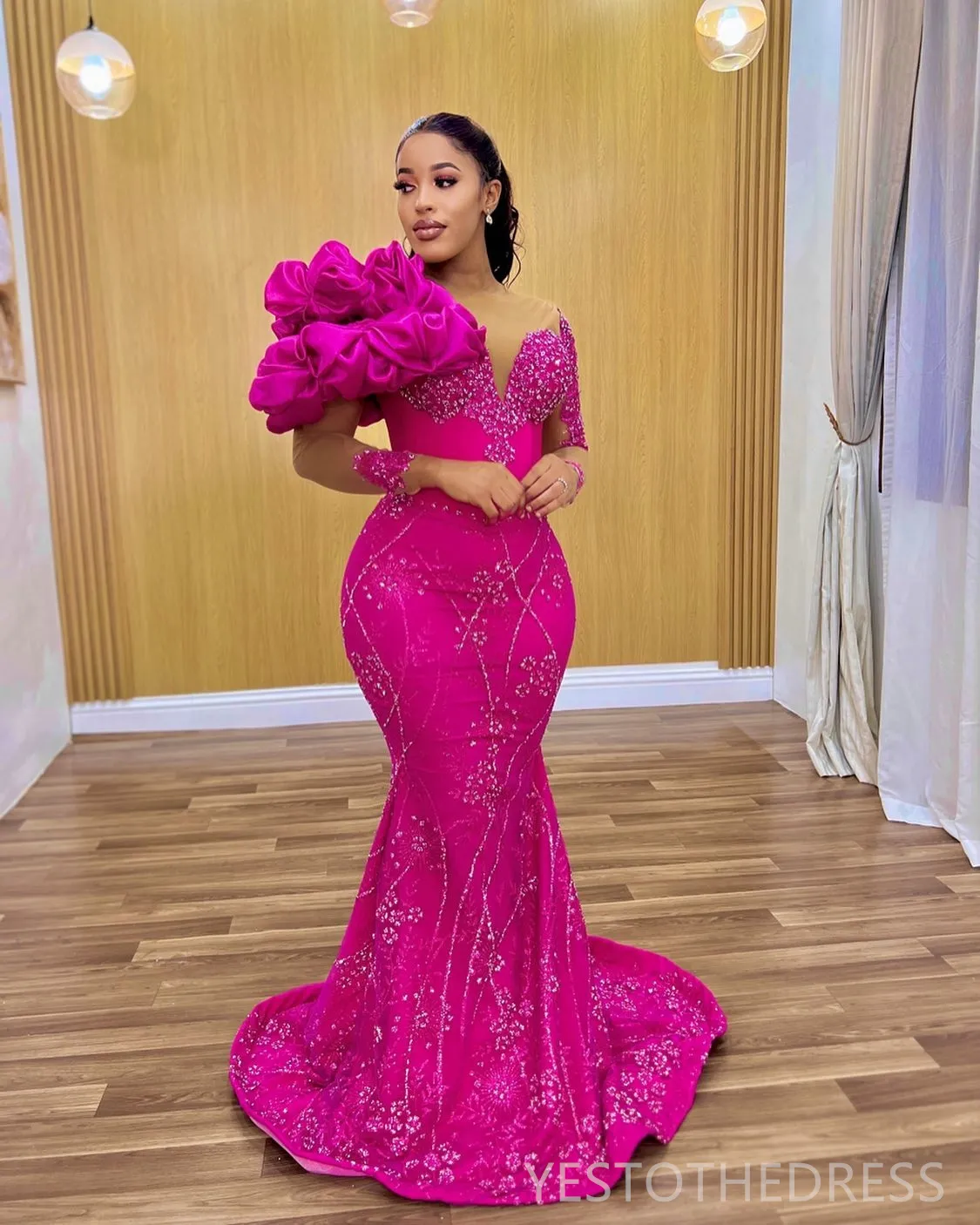 open lace back dress A-Line High Low Strapless Tulle Prom Dress with Ruffles, Fuchsia / 14