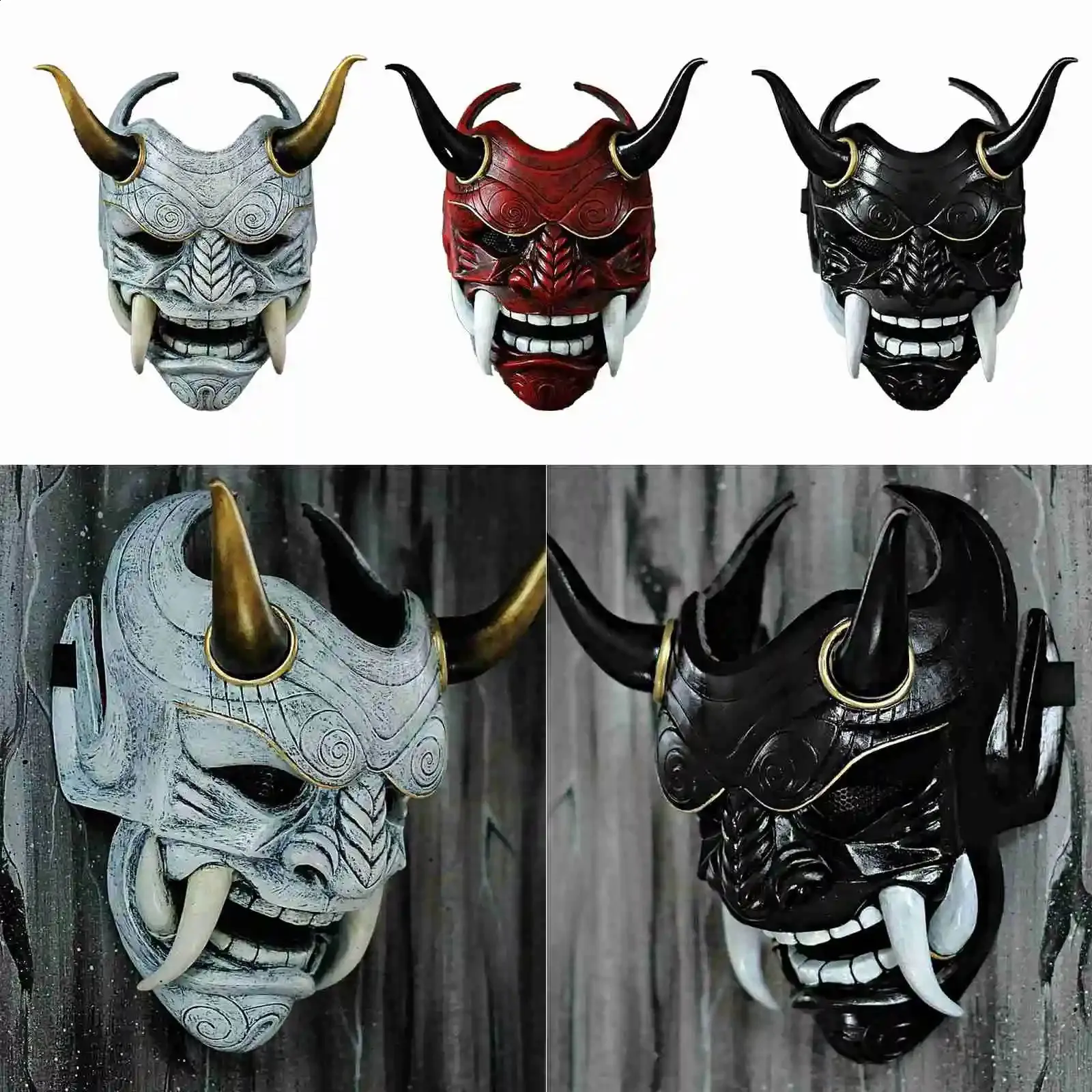 Masque Hannya japonais Airsoft BB Gun samouraï Oni Kabuki Noh Diable Diable DJ Party Costume d'Halloween Cosplay Kikadeen Bleu KK07 - France
