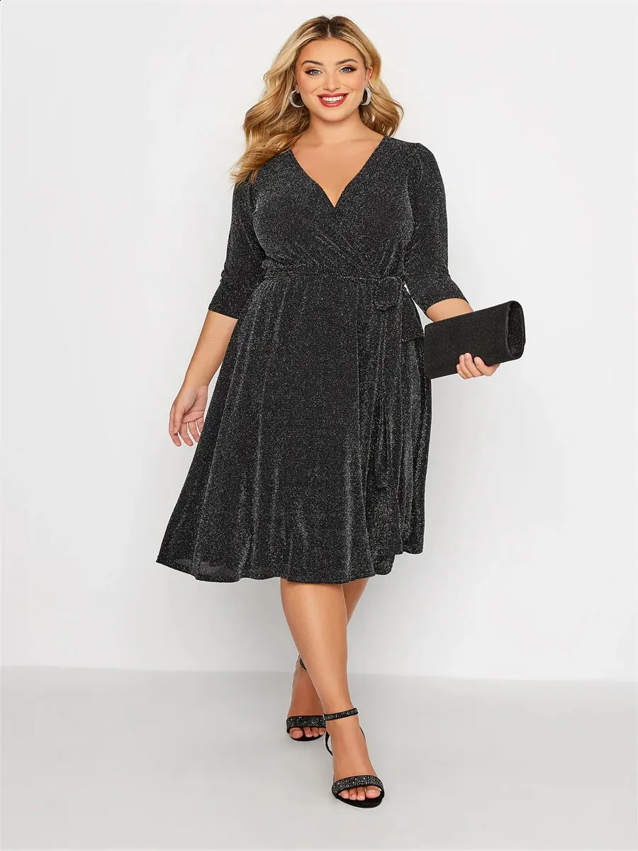Plus Size Elegant Spring Autumn 3/4 Sleeve Party Dress Women Black