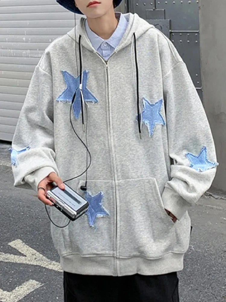 Mens Y2k Hoodie - Star Patch Zip-Up Jacket - 90s Streetwear