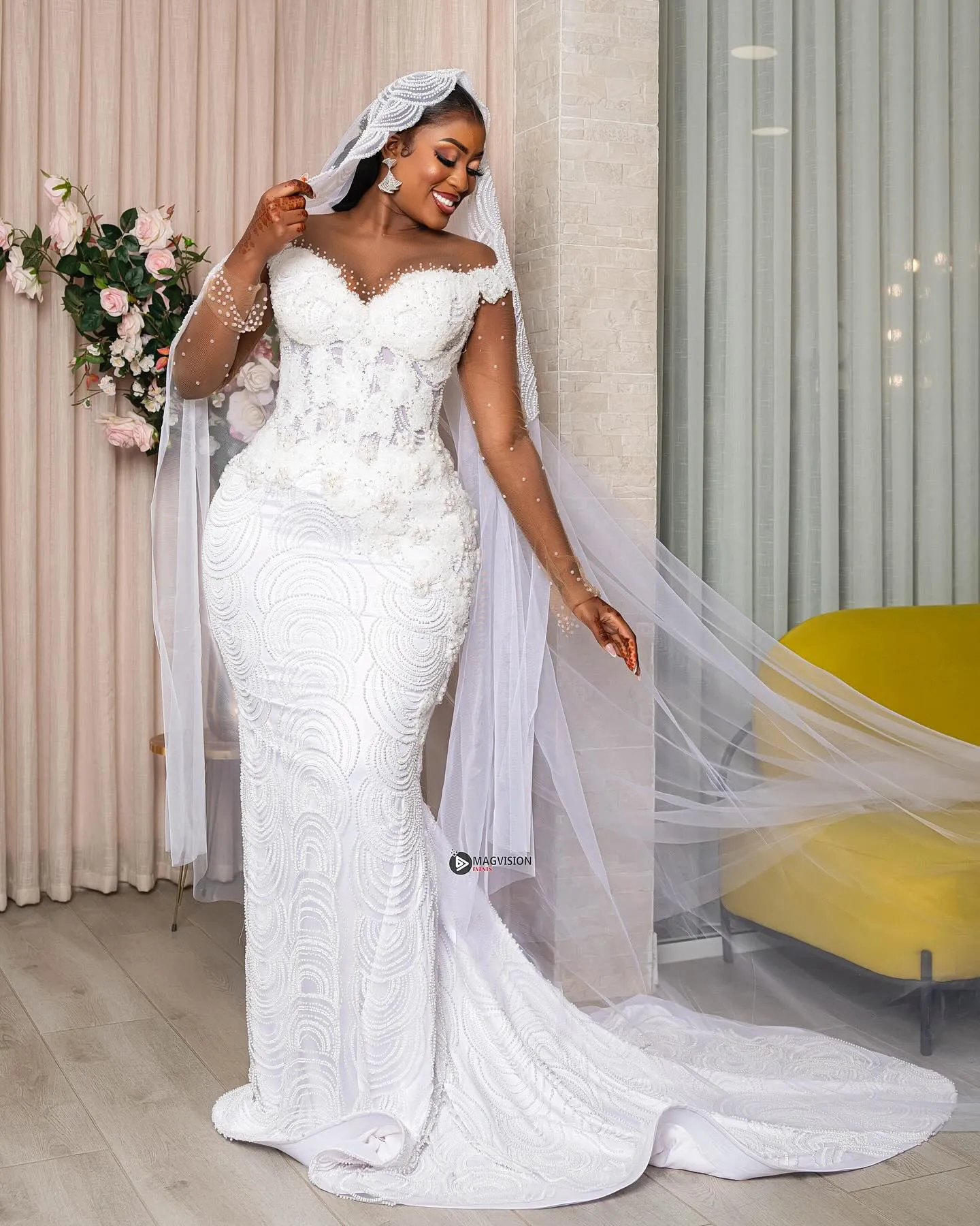 Vintage Aso Ebi 2024 White mermaid wedding dress with Floral Lace, Full Sleeves, and Pearls - Elegant Bridal Gown (ZJ207) Vintage Aso Ebi 2024 White mermaid wedding dress with Floral Lace, Full Sleeves, and Pearls - Elegant Bridal Gown (ZJ207)