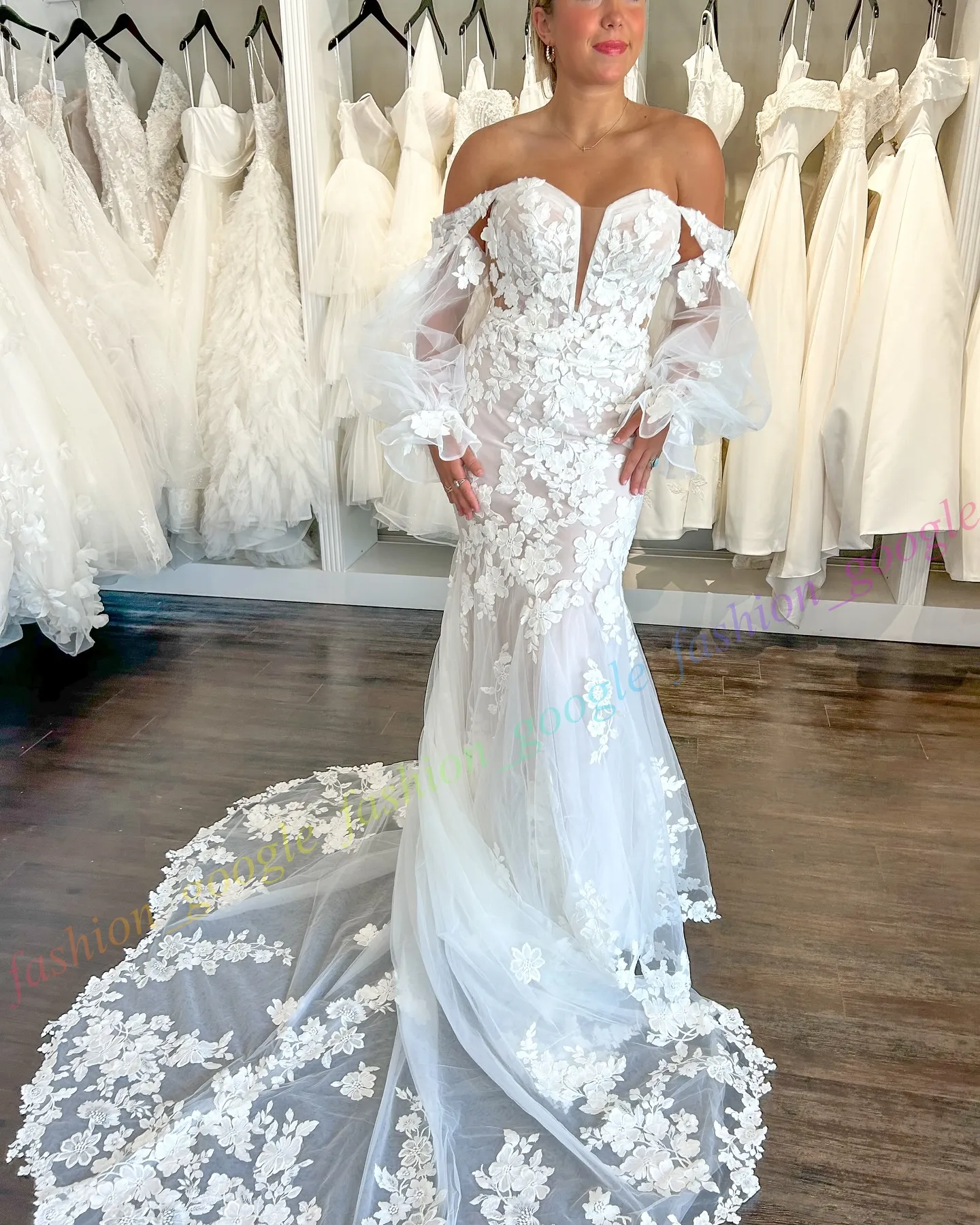 v neck wedding dress with bell sleeves Sleeve #1490 Vertical princess seaming visually lengthens your body Stacees Bridal Wedding Dress A-line