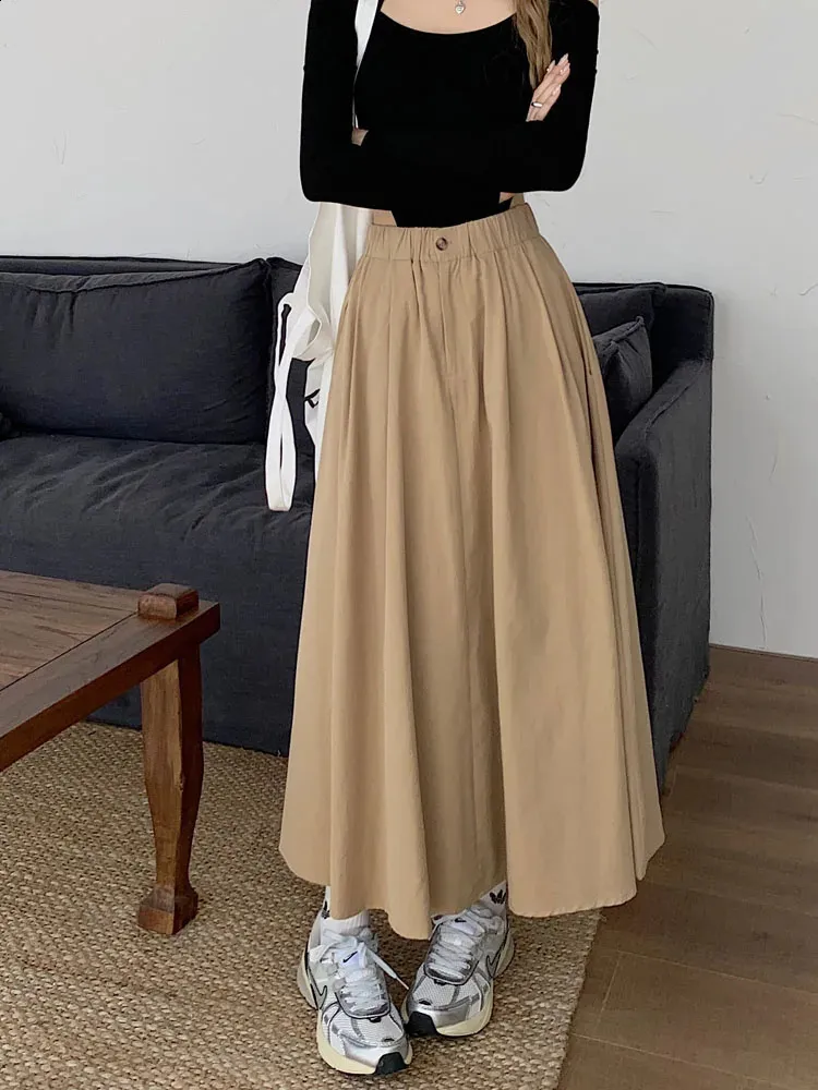 ★KHAKIPOINT/カーキポイント/Pleats Long Skirt★ Chiffon Pleated Skirt: Womens Khaki A Line Long Skirt With
