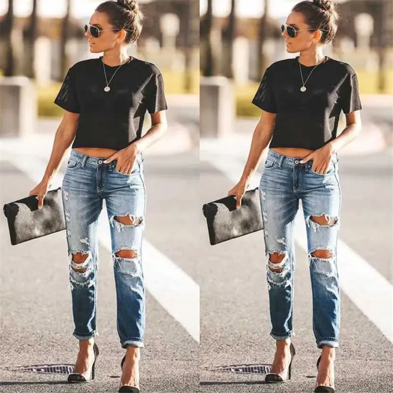 Distressed Ripped Jeans Women Fashionable High Waisted Skinny
