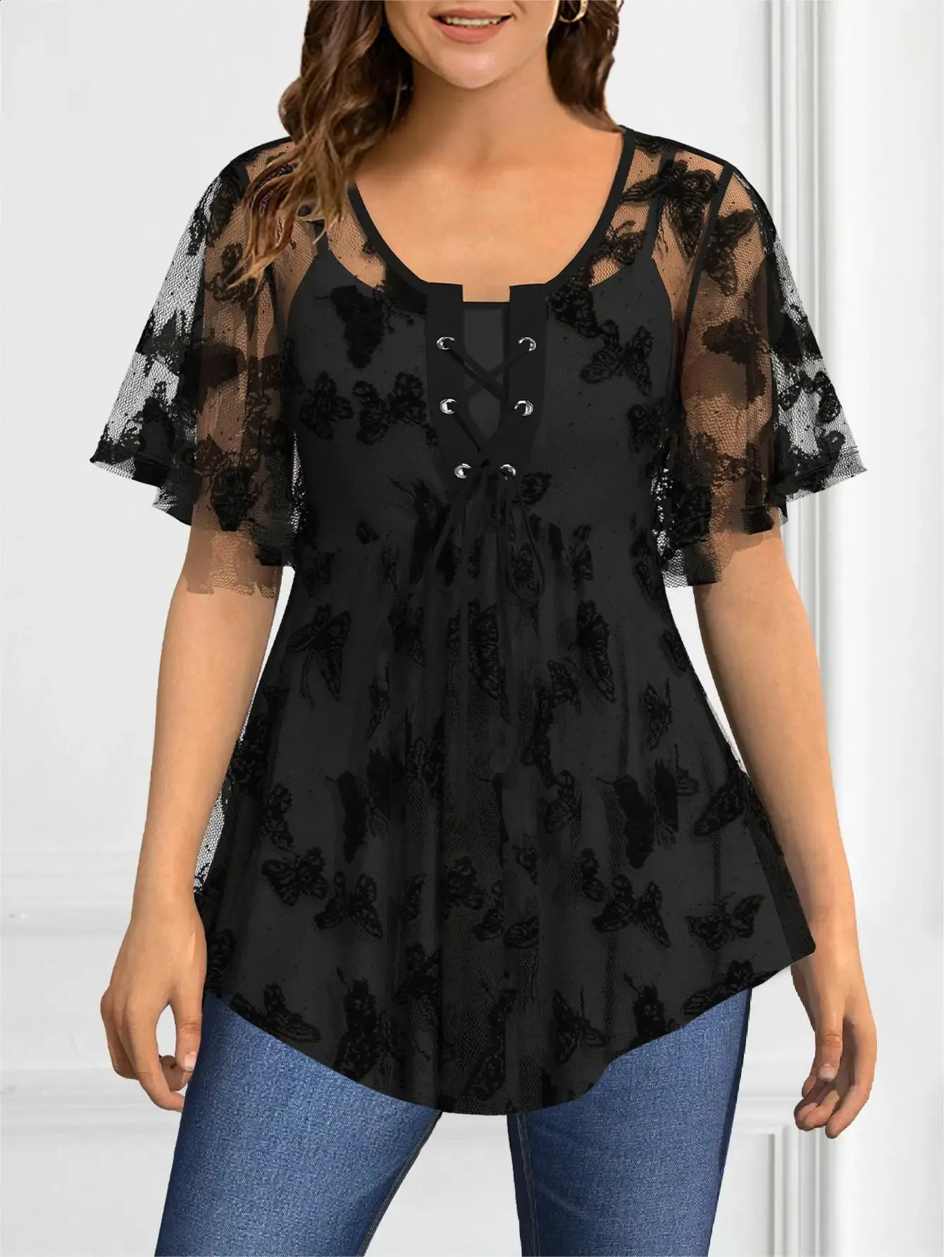 Blusa De Gasa Casual De Talla Grande Para Mujeres Encaje Negro De