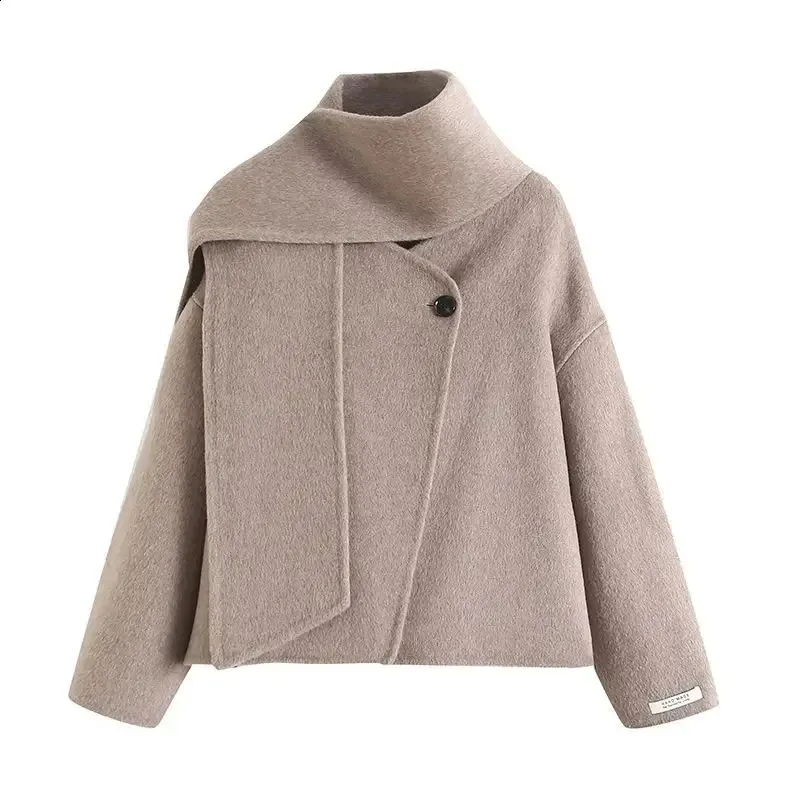 Womens Ivory Wool Coat Elegant Short Scarf Collar Coat, Warm