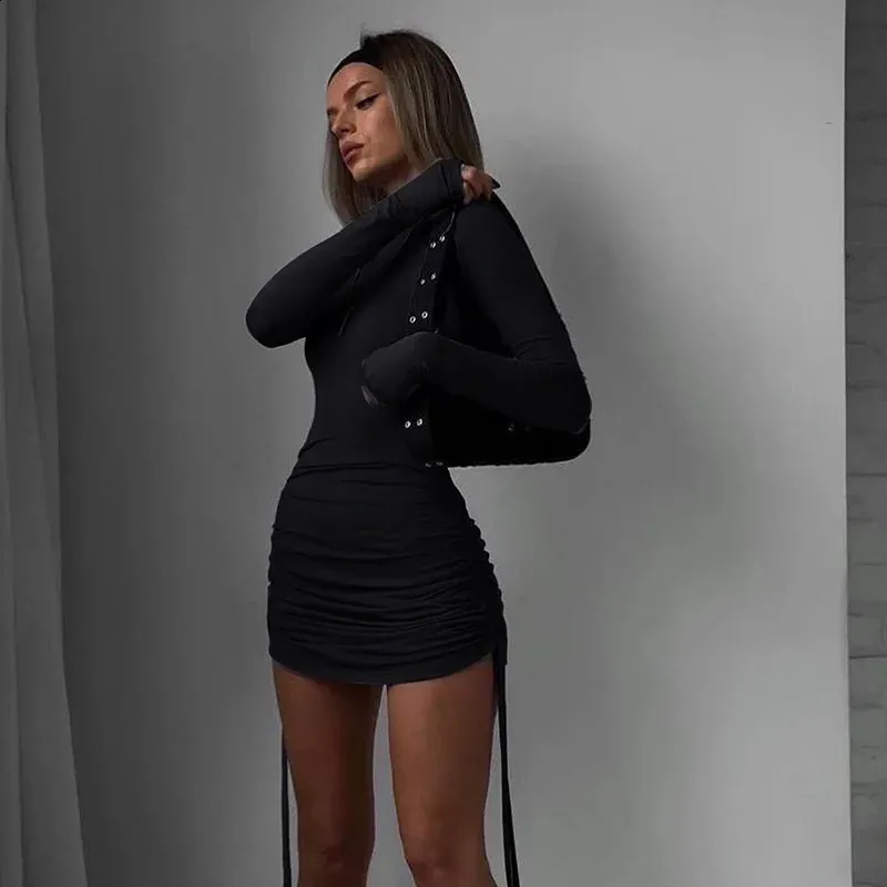knee length dresses for ladies Bold Era Ruched Mesh Long Sleeve Mini Dress in Black | Size: Xs | Knit Fabric/Mesh Fabric/Sheer Mesh Fabric main image 1