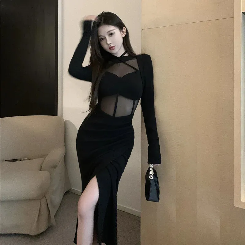 chinese dress ladies Sexy Black Long Sleeves Appliques Sequins Side Slit Prom Dress main image 0