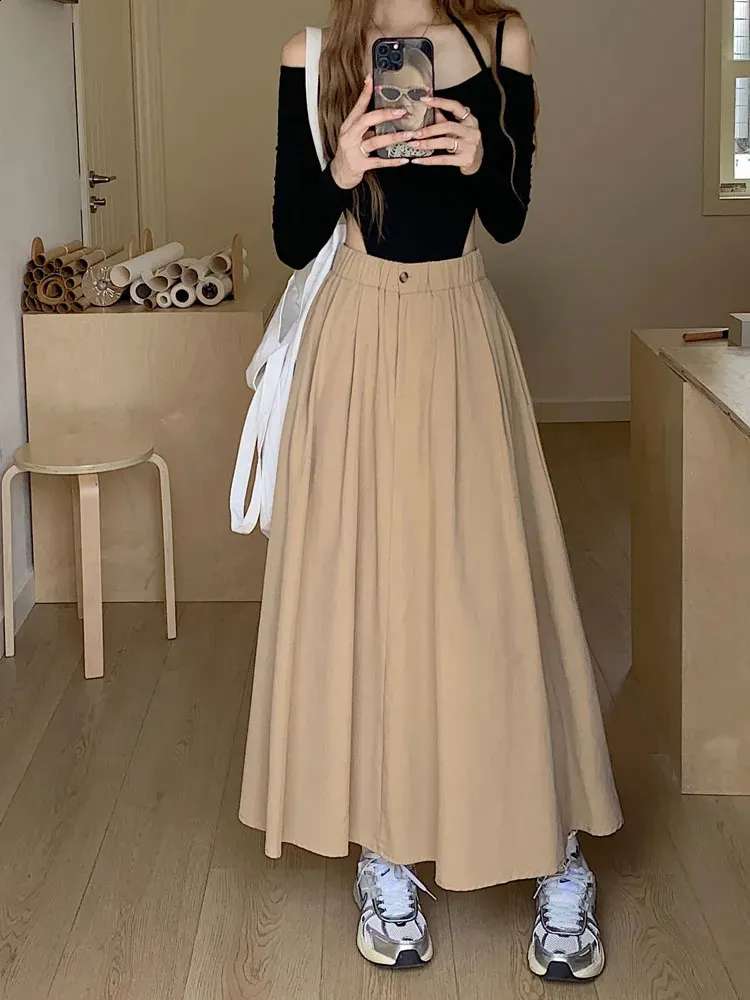 ★KHAKIPOINT/カーキポイント/Pleats Long Skirt★ Elegant Khaki Pleated skirts for women with Pockets for