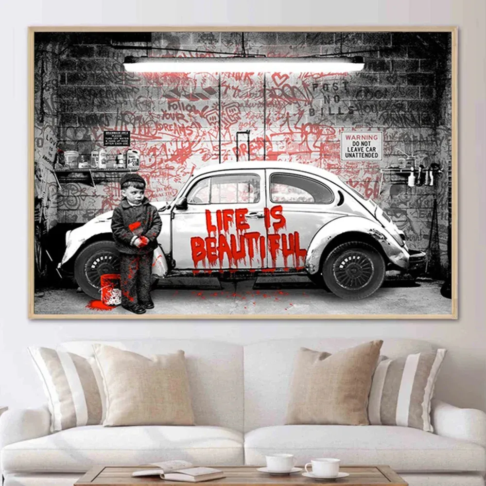 Banksy Graffiti Vintage Car Canvas Painting Wall Art with 3cm