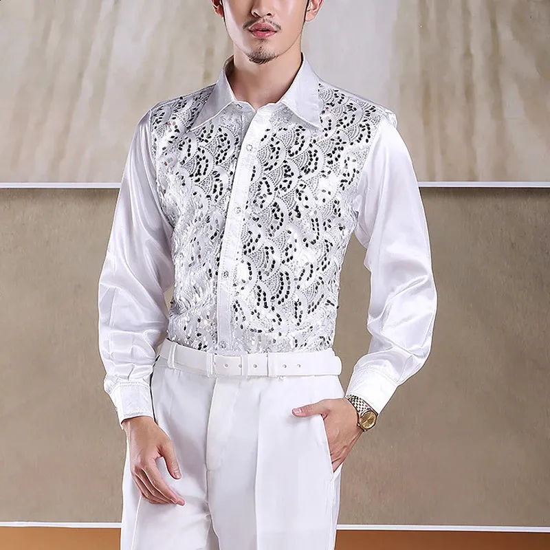 Gold Glitter Long Sleeved Men's Shirt for Nightclub, Party, Stage, Disco, Choir - High-Quality Chemistry Shirt (240821)