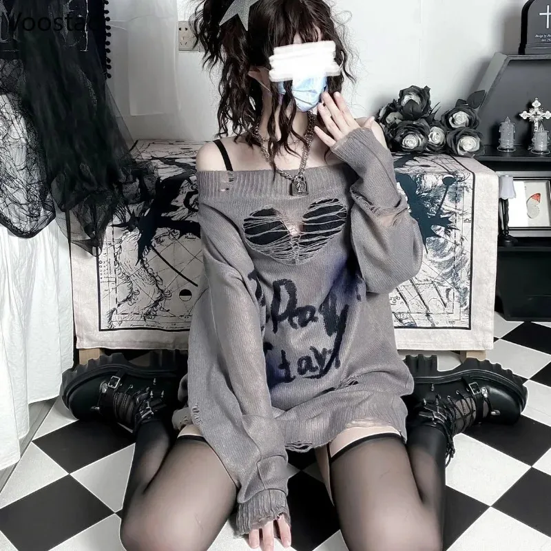 Y2K Vintage Knitted Pullover Sweater Women Loose Fit Batwing
