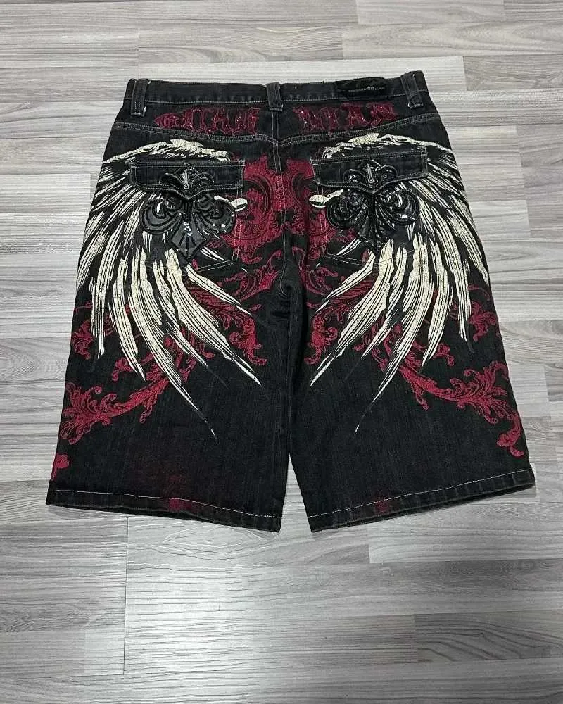 Vintage Embroidered Denim Shorts - Y2K Gothic Punk Wide Leg
