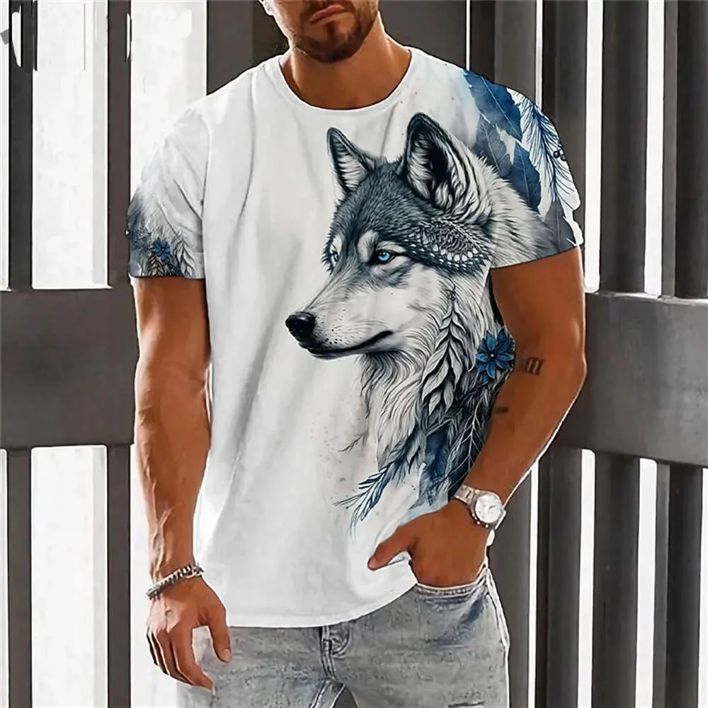Mens Summer 3D Wolf Print T Shirt Casual, Loose Fit, Short Sleeve