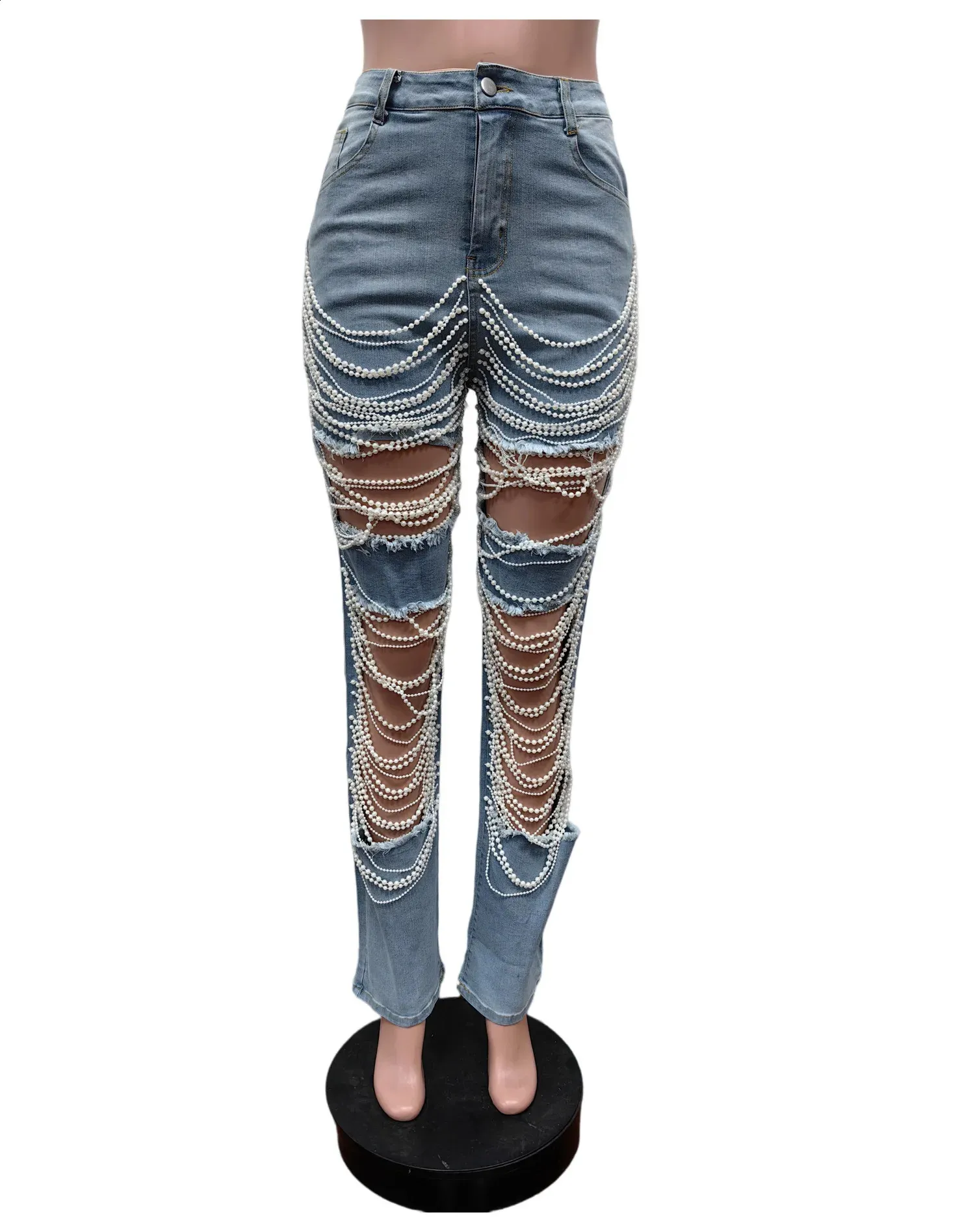 Womens Jeans With Pearl Ripped Jeans Chains For Jeans