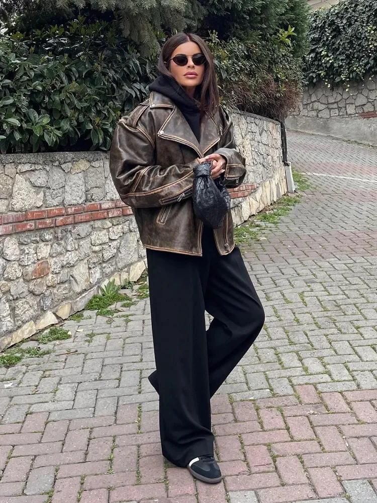 Oversized PU Leather Bike oversized leather jacket with Worn Effect and Zipper Rr2478 Streetwear for Women Loose Brown Coat 240820
