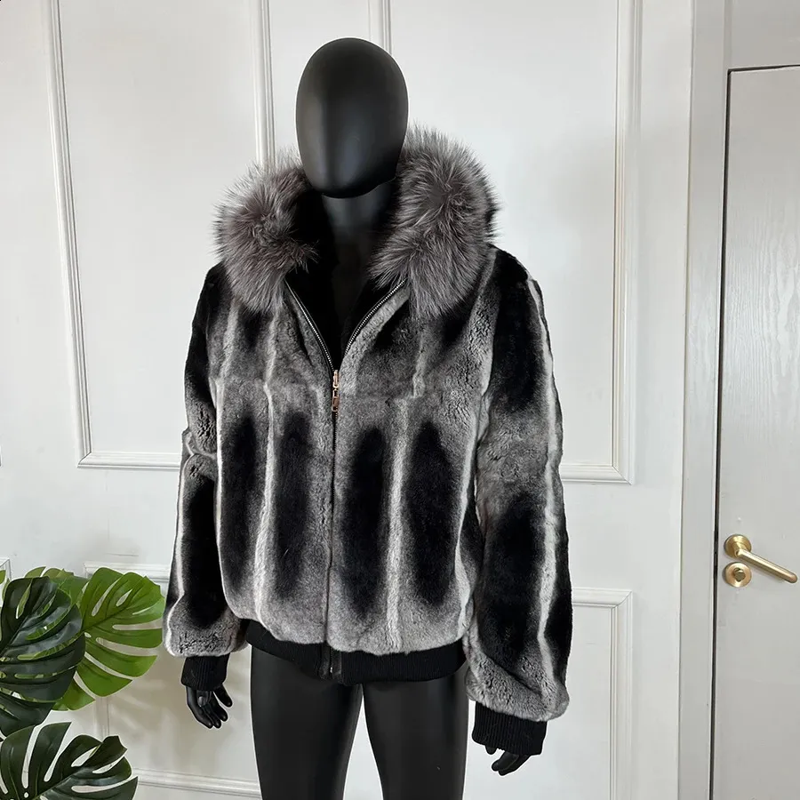 Natural Rabbit Fur Coat With Hood Real Fox Fur Collar Mens Winter