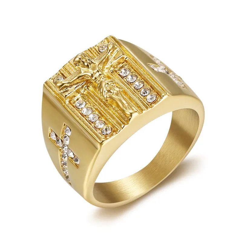 Gold Jesus Cross Chain Ring Stainless Steel Religious Ring With CZ