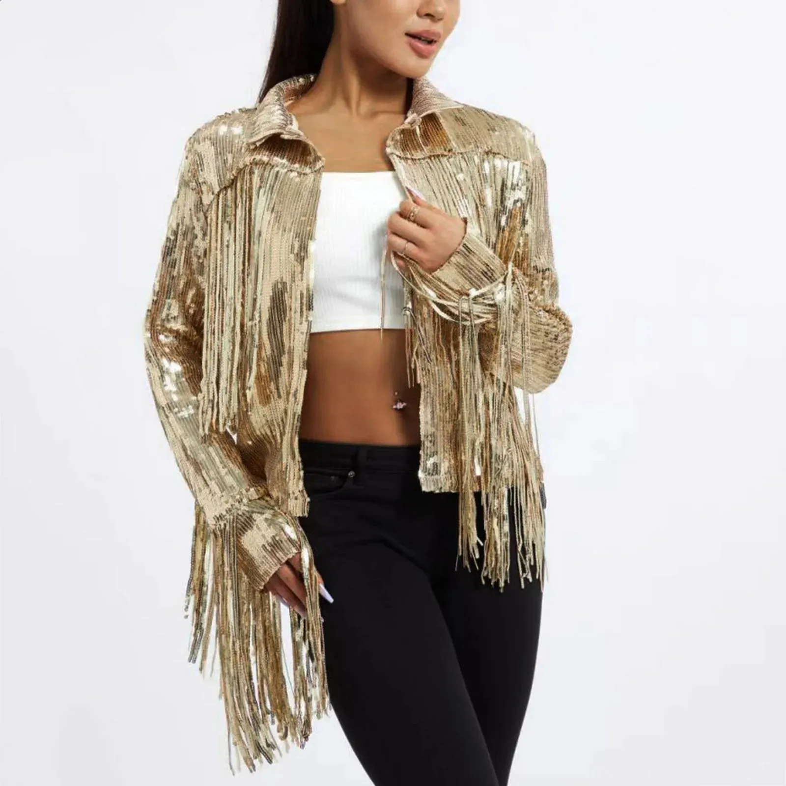 Sparkling Sequin Fringe Edge Open Top cardigan clothes for Women - Solid  Color Disco Jacket 240822