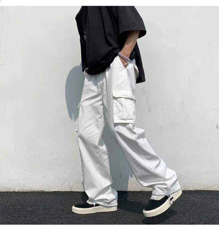 Mens Wide Leg Trousers: Black White Casual Loose Fit Cargo