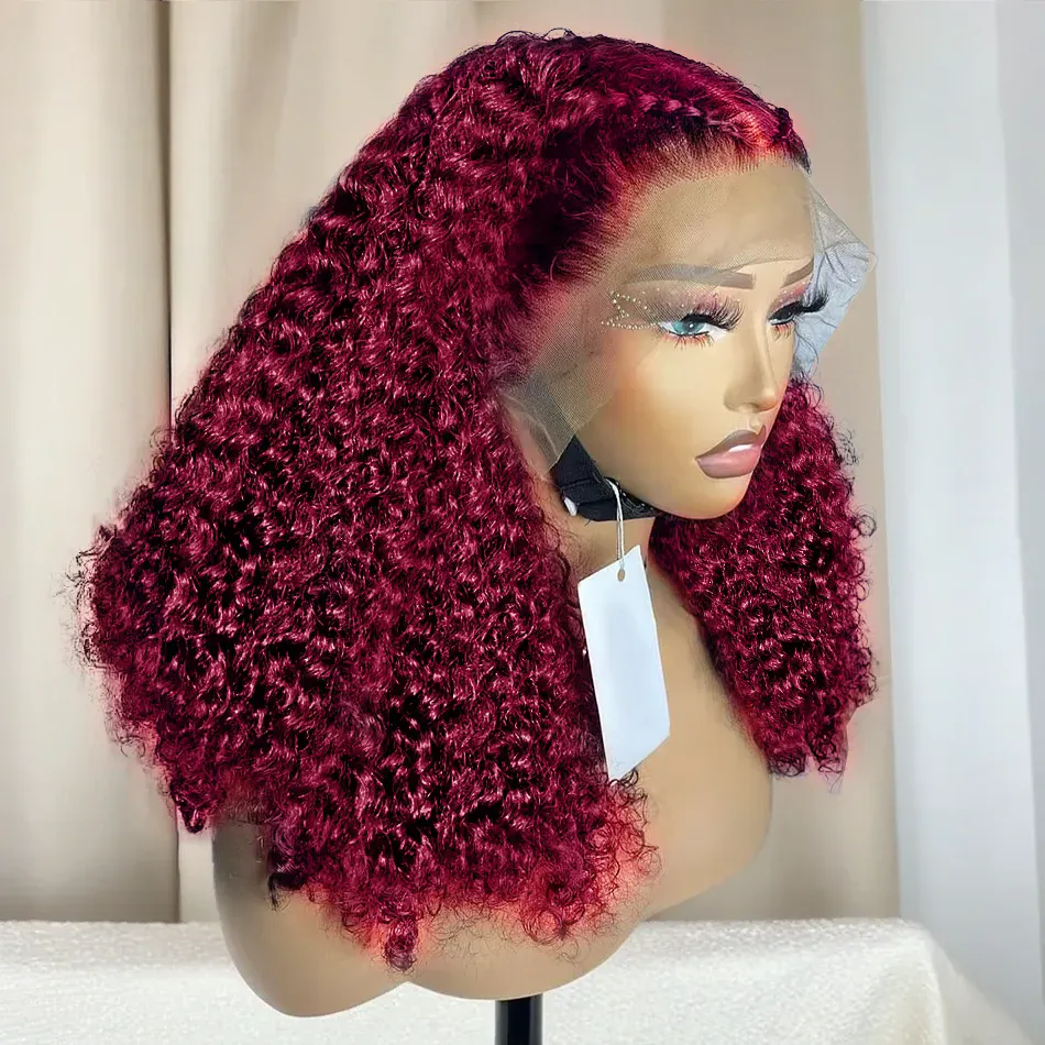 99J Burgundy Red Deep Wave Lace Front Wig Curly Human Hair Bob Wig