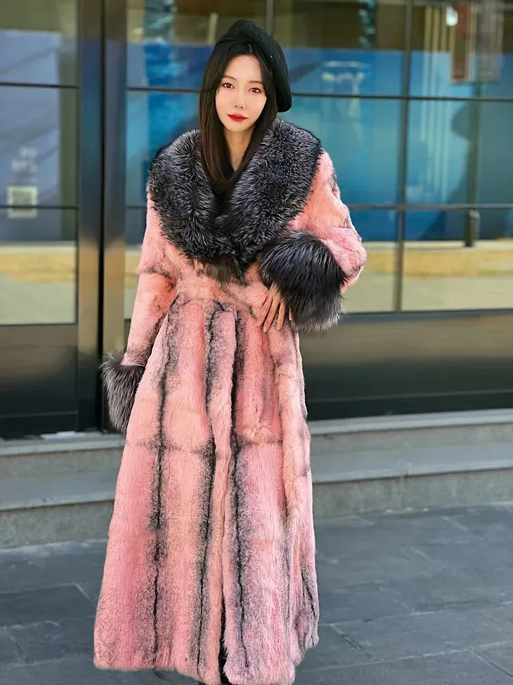 Women's Genuine Leather Rabbit Fur Print Long Fur Coat, Warm Winter Jacket Women's Genuine Leather Rabbit Fur Print Long Fur Coat, Warm Winter Jacket