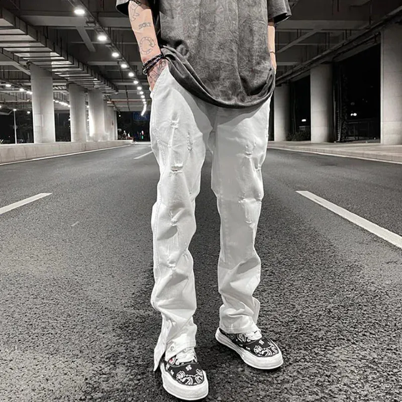 Mens Hole Ripped White Ankle Zipper Button Jeans Pants Straight