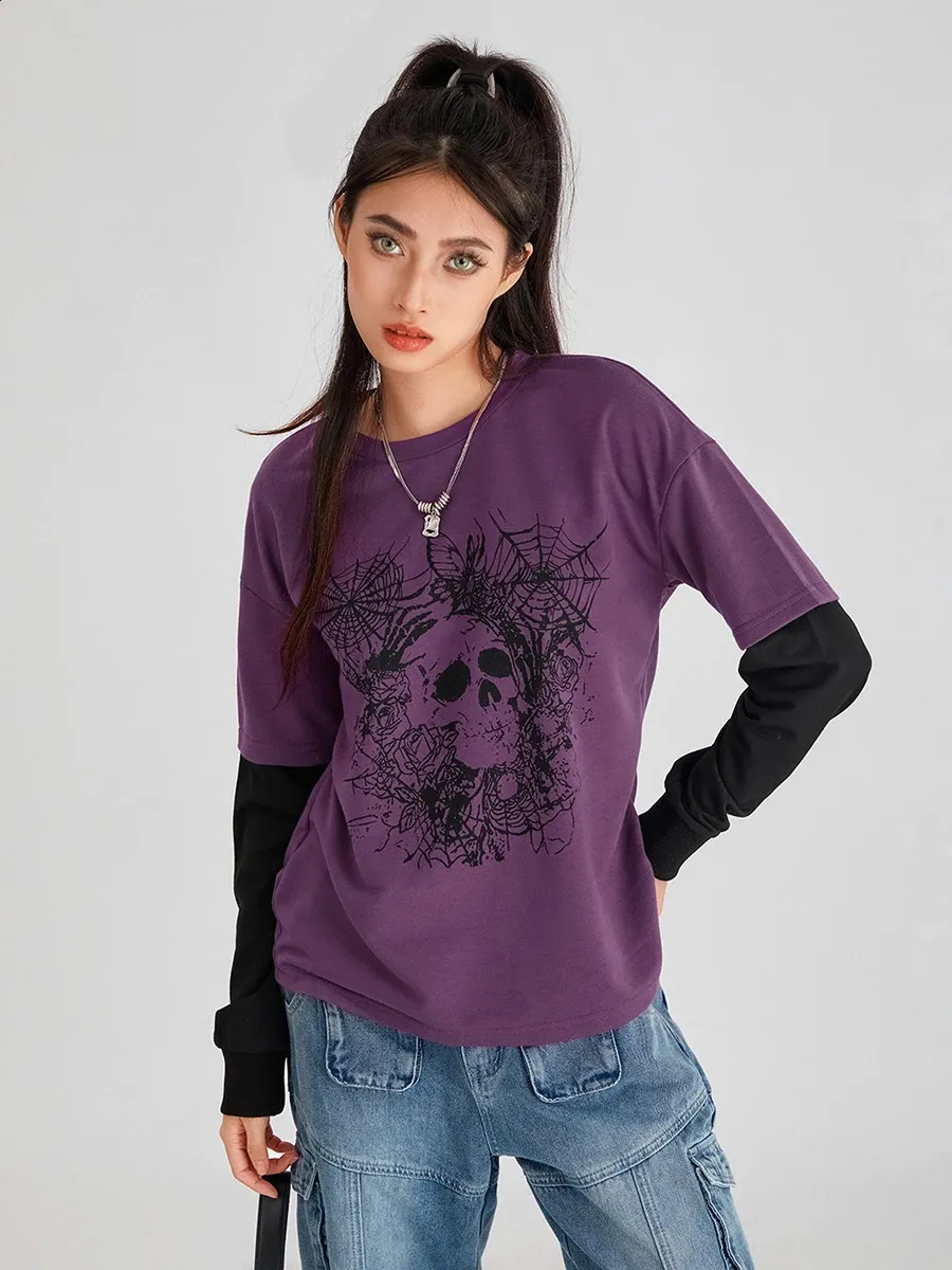 Womens Y2K Gothic Skull Print Layered T Shirt – From