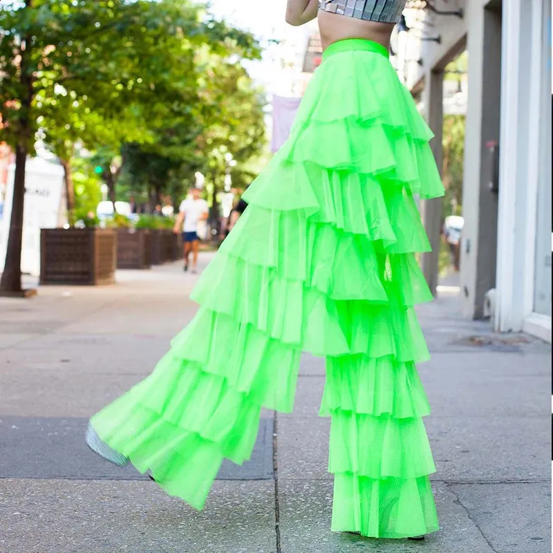 Womens Party Pants Flowy Mesh Layered Ruffle Cake Trousers, Chic