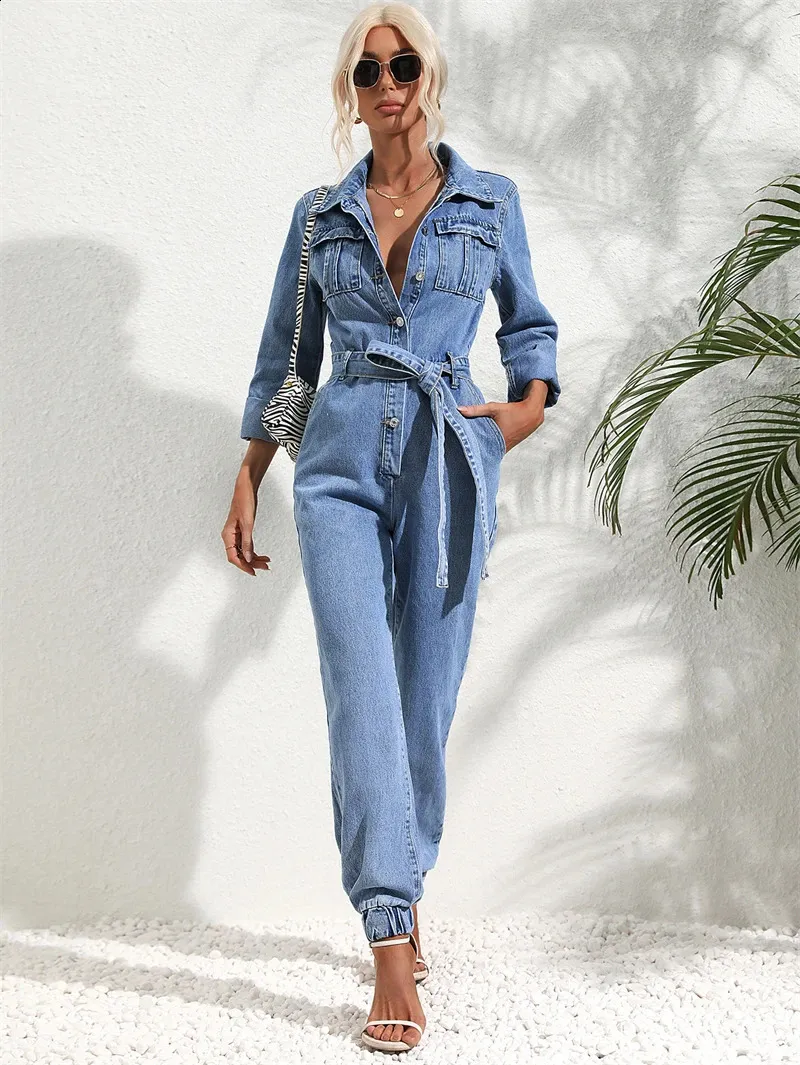 Womens Denim Jumpsuit: Vintage Style Jean Romper With Belt Autumn