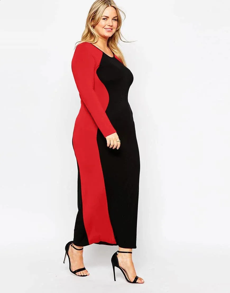 Elegant Black and Red Knit Maxi Dress for Women - Long Sleeve, Stretchy, Perfect for Formal Work and Office - Available in Plus Sizes Up to 6XL (