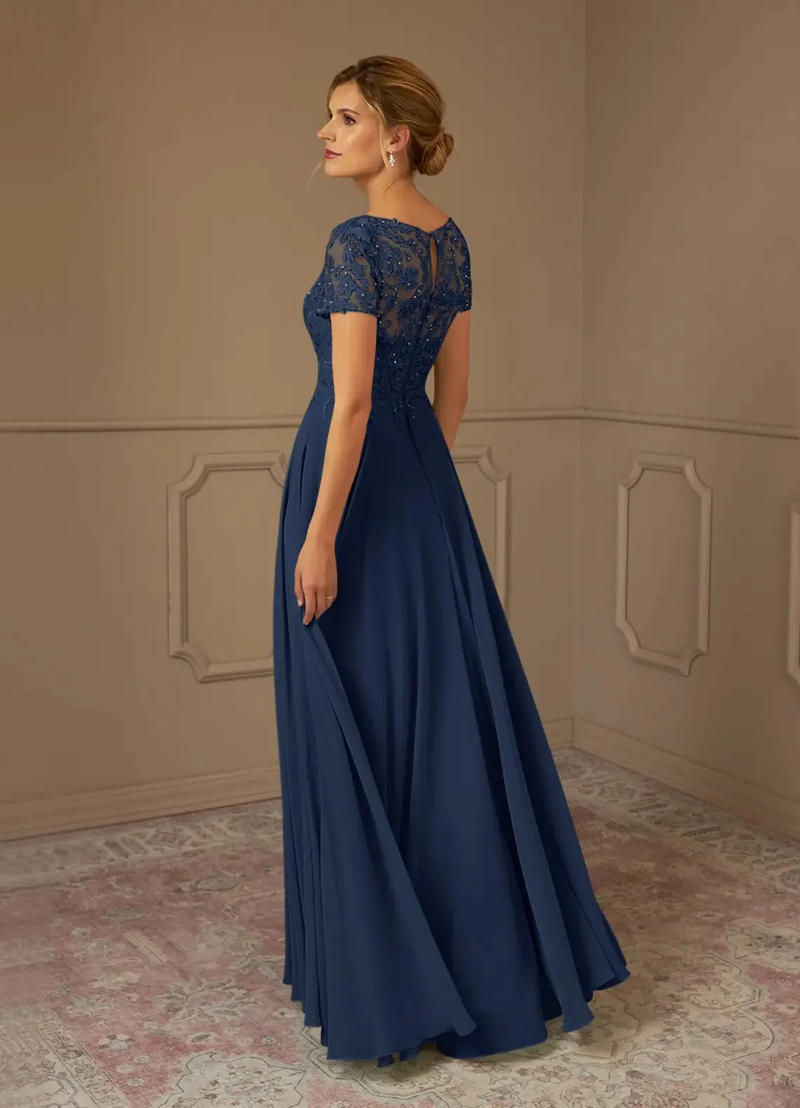 Navy Blue A-Line Chiffon Mother of the Bride Dress with Short Sleeves Beads  Lace Applique Floor-Length from Dhgate Mother's Dresses - price 127.54