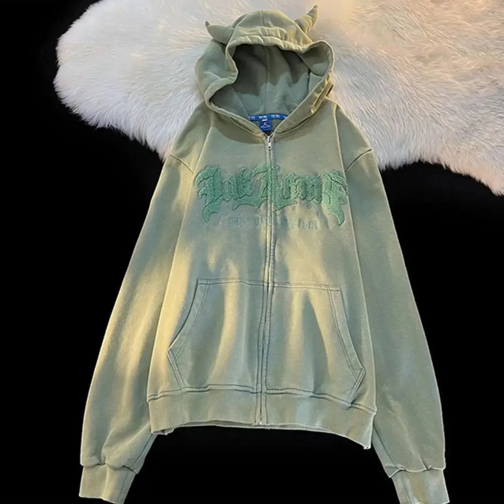 Devil Horn Zip Up comfort hoodie with Letter Pattern - Loose
