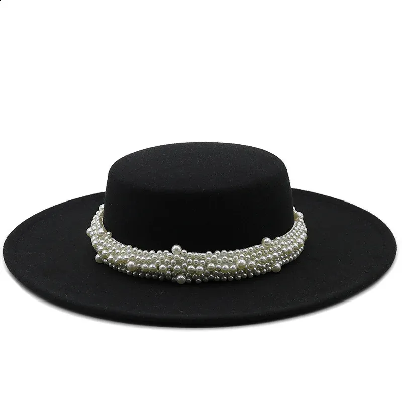 Ladies Fedora Hat: Elegant Pearl Accent White Flat Top  display picture 2