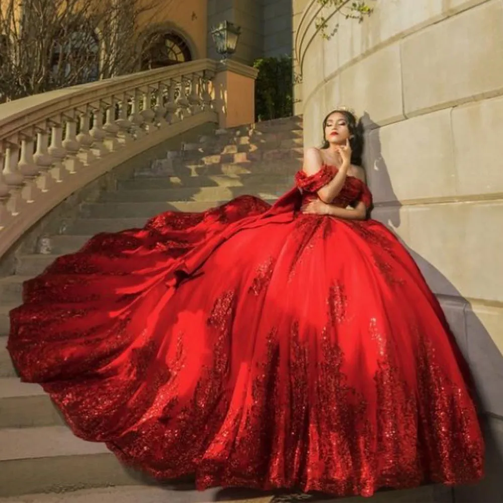 dhgate red dress Dhgate Red Lace Quinceanera Dress Red Lace Beads Quinceanera Ball Gown Dress  With Off The Shoulder