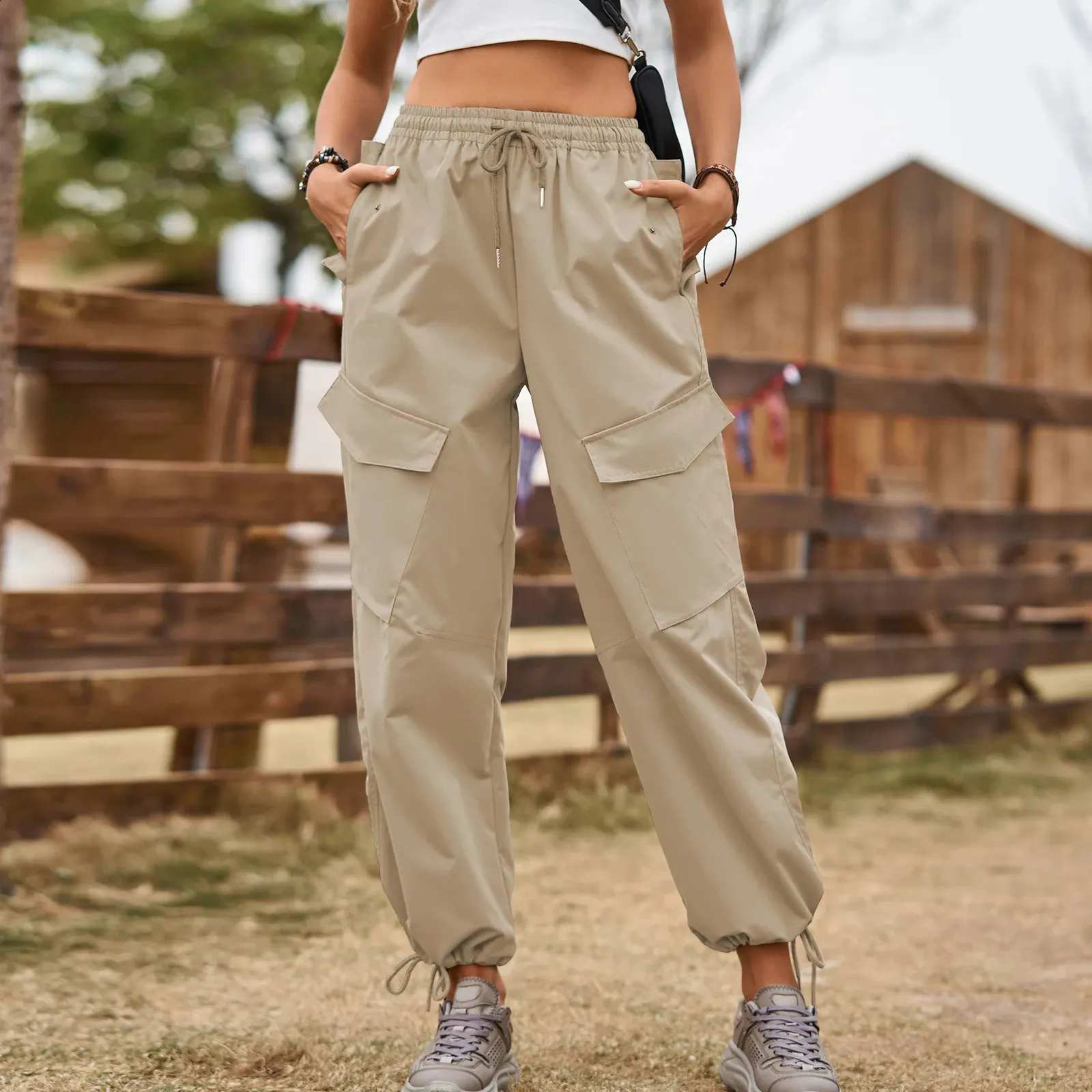 High Waist Cargo Pants Womens Elastic Waist Loose Fit Trousers w/ Pockets  Shop Now!