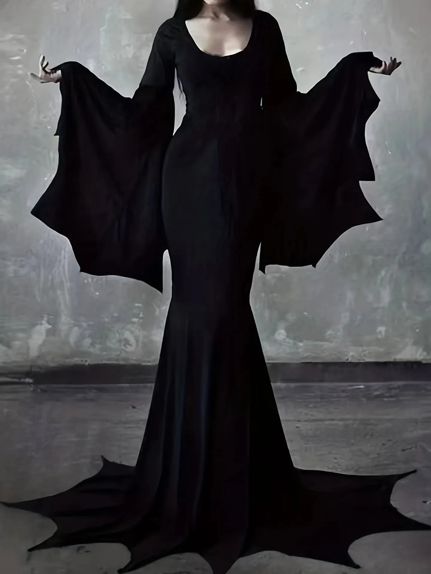 Womens Retro Gothic High Waist Black Dress Bat Sleeve Maxi Dress