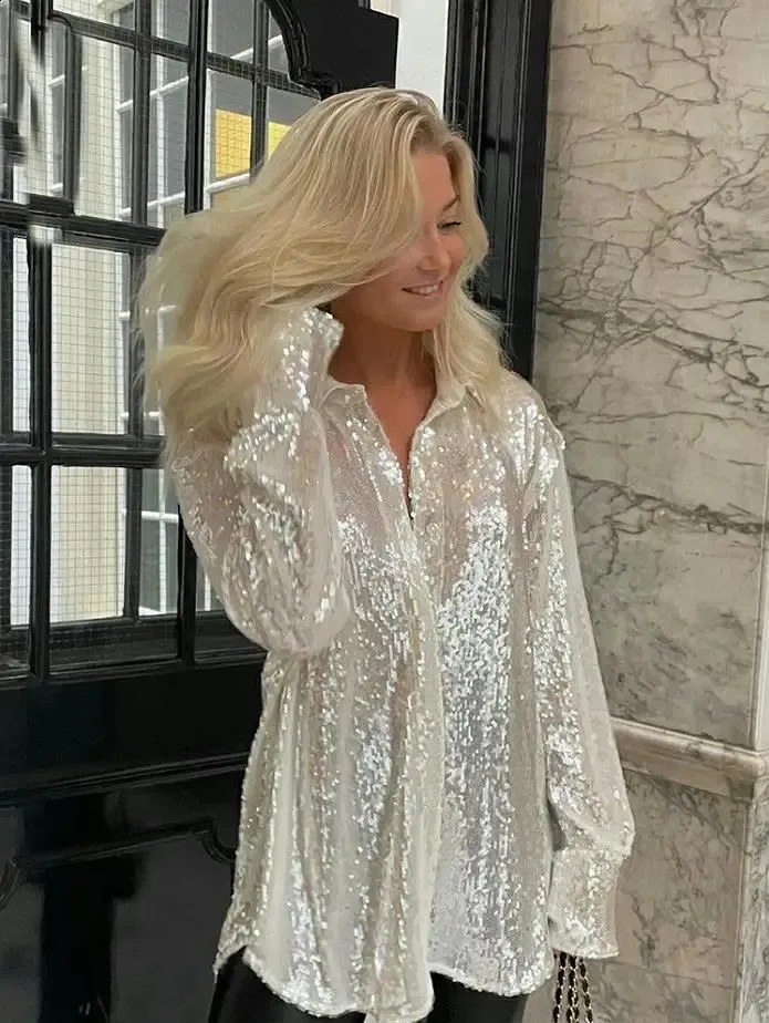 Blusa Lady Satin Maniche Lunghe Con Strass - Top Elegante In Poliestere (Taglia Unica)